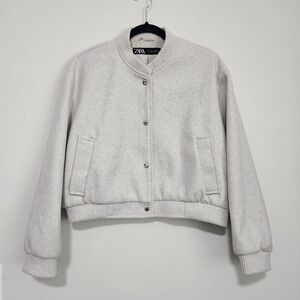 Zara Women Oatmeal Snap Front Cropped Bomber Jacket Felted Boxy Size Large ~